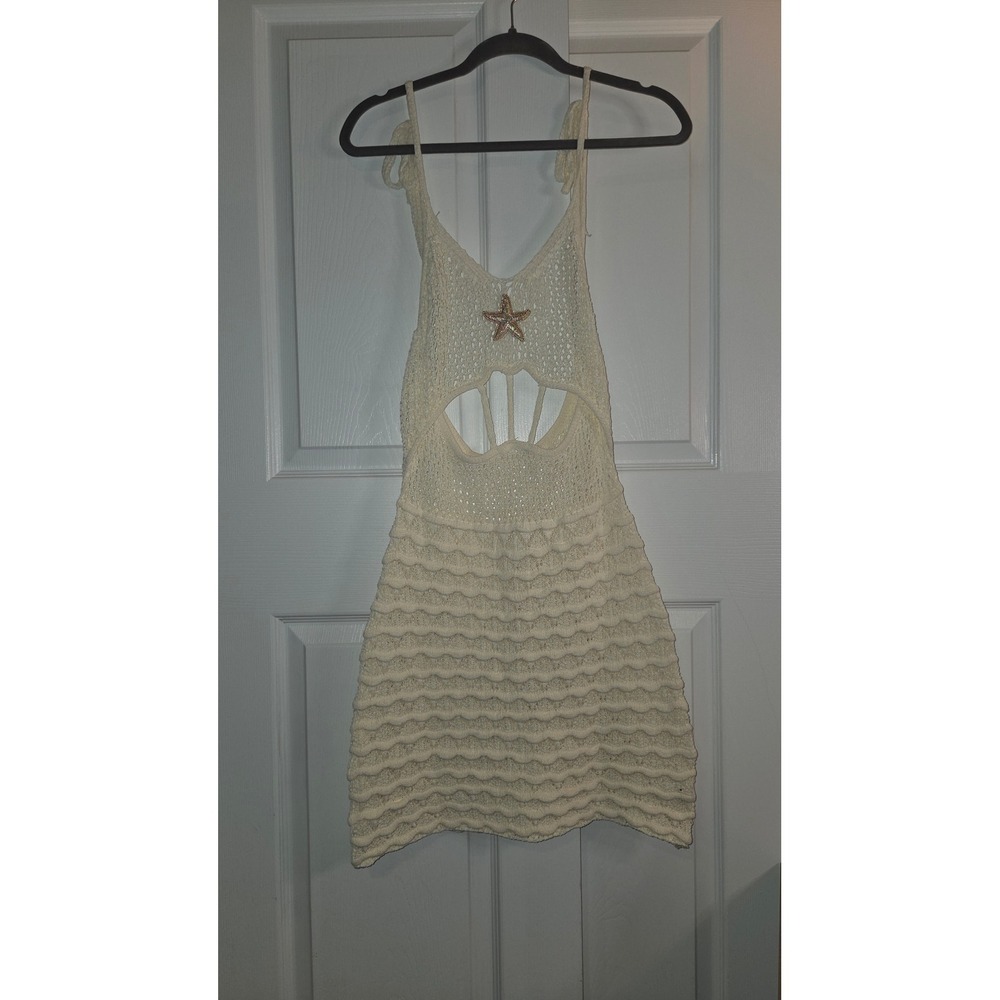 White Crochet Starfish Mini Dress Mermaidcore Cutout Knit Beach Coverup Medium